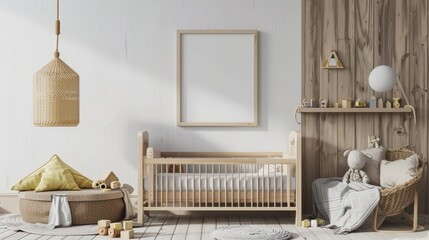 Stylish baby room with toys, wooden bed and mock up poster frame. Cute home decor. Scandinavian...