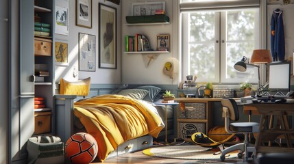 Stylish teenagers room interior with comfortable bed and sports equipment - obrazy, fototapety, plakaty