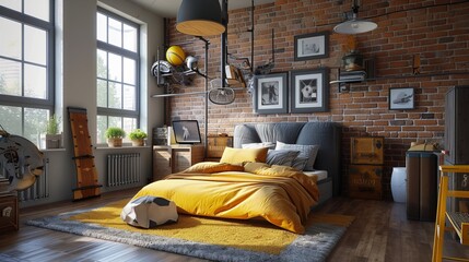 Stylish teenagers room interior with comfortable bed and sports equipment - obrazy, fototapety, plakaty