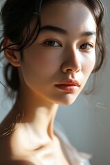 Naklejka premium Beauty portrait of young Asian woman on bright white background Beautiful young asian woman with clean fresh skin on white background Facial treatment, Cosmetology, plastic surgery.
