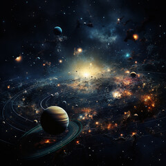 Planet scene deep in the universe, cosmic background, cosmic rays

