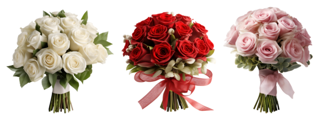Collection set bouquet pink red cream stalk of rose roses flower floral with leaves arrangement on transparent background cutout, PNG file. Mockup template artwork graphic design