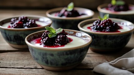  a close up of four bowls of food with berries on top of the bowls and a napkin on the side.