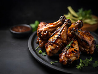 grilled meat on the grill ,grilled chicken wings , grilled pork ribs ,
