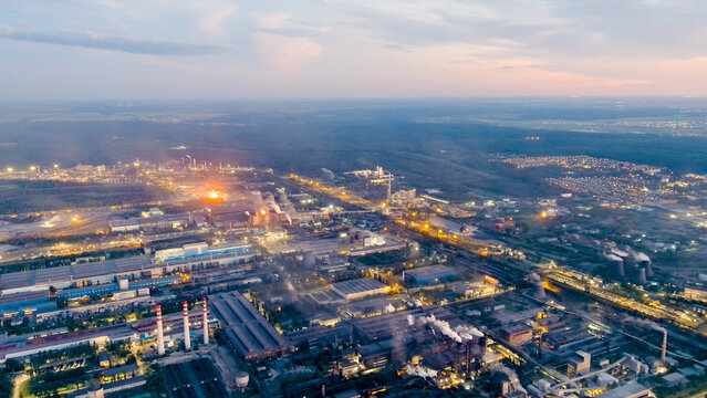 Lipetsk, Russia. Iron and Steel Works. Left Bank District. Time after sunset. Night, Aerial View