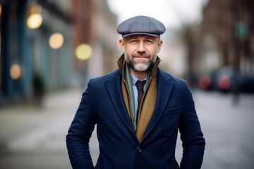 Portrait of a senior man in a coat and cap on a city street.