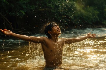 Handsome young man in worship in a river at sunset. Front view. 
The beauty and power of Faith. Christian concept.