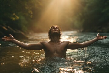 Handsome young man in worship in a river at sunset. Front view. 
The beauty and power of Faith. Christian concept. - obrazy, fototapety, plakaty