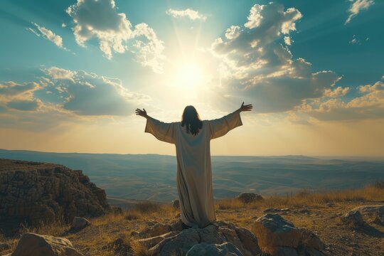 Jesus Christ in the desert. Arms outstretched, in worship. The concept of faith and spirituality.