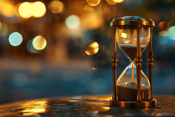 Hourglass on background with lights with space for your text, concept of time