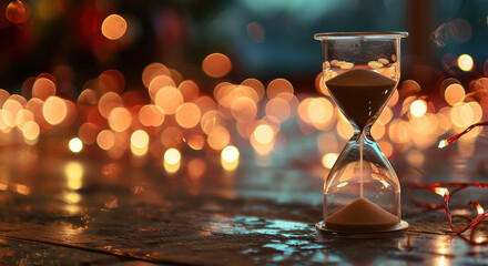 Hourglass on background with lights with space for your text, concept of time