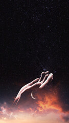 Obraz na płótnie Canvas Praying muslim, hands open to the sky in the holy night. Social media story, vertical