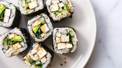  a plate of sushi with cucumber, avocado, and tofu on top of it.