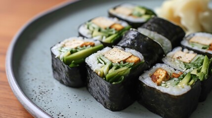  a close up of a plate of food with sushi and a side of mashed potatoes and broccoli.