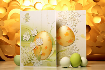 easter card with eggs  easter greeting card with eggs   easter eggs with dots and yellow spring flower decoration