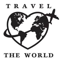 Travel the world sign design earth heart shape plane world map