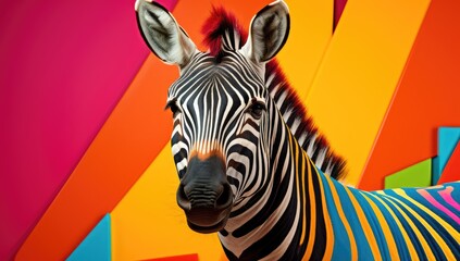 Fototapeta premium Colorful zebra painted in rainbow colors on a bright background.