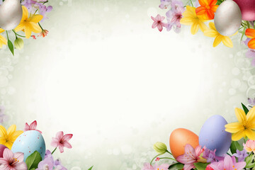 easter background with eggs and flowers  Elegant white wedding table adorned with flowers, candles, and serving plates.