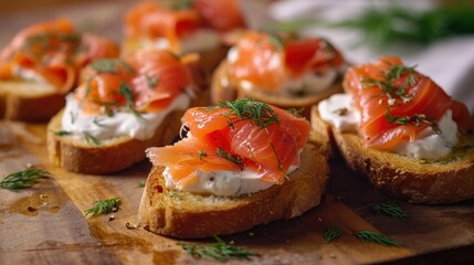  a wooden cutting board topped with slices of bread covered in cream cheese and salmon on top of a piece of bread.