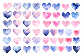 Valentine's day. Set of hand painted watercolor hearts Isolated on white background