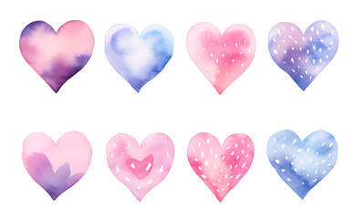Valentine's day. Set of hand painted watercolor hearts Isolated on white background