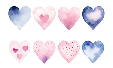 Valentine's day. Set of hand painted watercolor hearts Isolated on white background