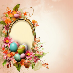 frame with flowers and butterflies  Easter eggs, colorful flowers on pastel white background.