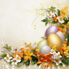 easter background with eggs and flowers    A happy easter card with colorful eggs and flowers banner