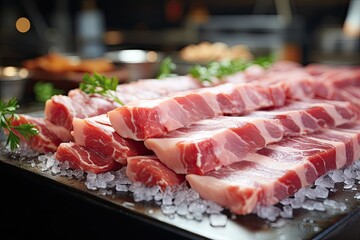Meat processing plant. Slices of fresh bacon and mint slices on a conveyor belt in the workshop. Arrival of jamon or cold cuts. Production of pork or beef in a modern enterprise - obrazy, fototapety, plakaty