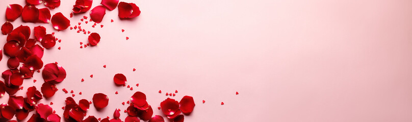 Frame made of rose flowers, confetti on pink background. Valentine's Day background.
