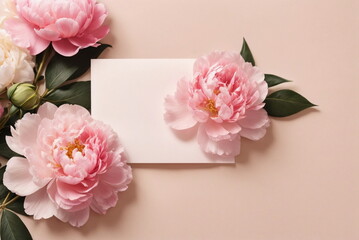 Greeting card mockup and beautiful pink peonies flowers frame on pastel beige background with copy space. Empty blank sheet card mock up for holiday greetings. Valentine's day, Mother's day, birthday - obrazy, fototapety, plakaty