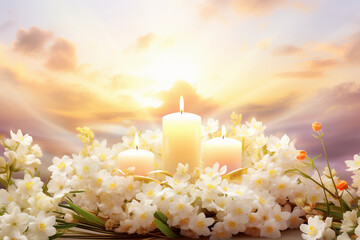 candles and flowers on the background of the sky  Jasmine flowers and honey in a jar on a wooden table