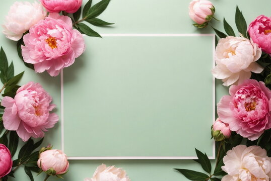 Greeting card mockup and beautiful pink peonies flowers frame on pastel green background with copy space. Empty blank sheet card mock up for holiday greetings. Valentine's day, Mother's day, birthday