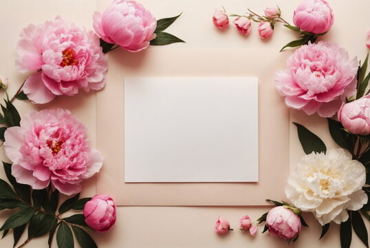 Greeting card mockup and beautiful pink peonies flowers frame on pastel beige background with copy space. Empty blank sheet card mock up for holiday greetings. Valentine's day, Mother's day, birthday