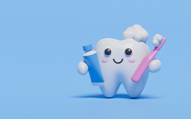 Happy healthy tooth cute character cleaning with toothbrush  toothpaste and medical shield. Health care for children dental care and dentistry concept. 3d rendering.