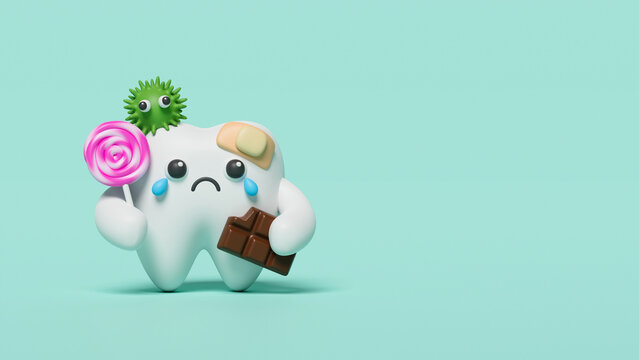Tooth character sad bad caries decay tooth with bacteria toothache .Health care for children dental care&nbsp;and dentistry concept. 3d rendering.