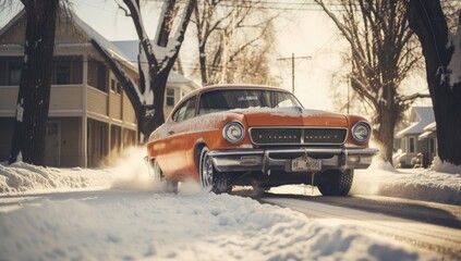 Car with winter tires on snowy asphalt. New winter tires and car accessories.