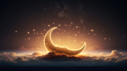 Crescent moon against a mesmerizing night sky. Moon sky landscape background concept for celebrating islamic event