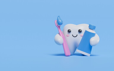 Happy healthy tooth cute character cleaning with toothbrush  toothpaste and medical shield. Health care for children dental care and dentistry concept. 3d rendering.