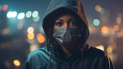 a portrait photo of a person with a hoodie with a face mask in a air polluted city