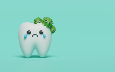 Tooth character sad bad caries decay tooth with bacteria toothache .Health care for children dental care and dentistry concept. 3d rendering.