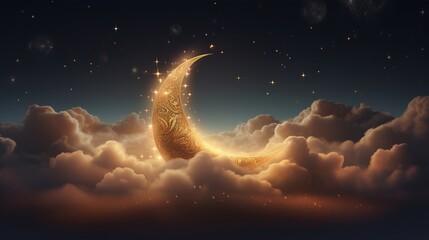 Crescent moon against a mesmerizing night sky. Moon sky landscape background concept for celebrating islamic event