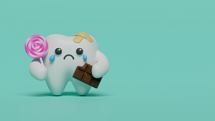 Tooth character sad bad caries decay tooth with bacteria toothache .Health care for children dental care and dentistry concept. 3d rendering.