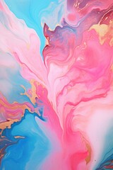 Banner with fluid art texture. Backdrop with abstract mixing paint effect. Liquid acrylic artwork that flows and splashes. Mixed paints for interior poster. Teal blue, pink, gold colors