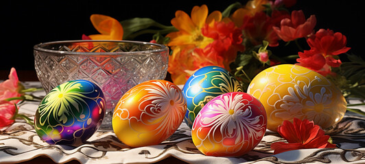 eggs in a basket Easter eggs with different colors and designs represent the new year arrival