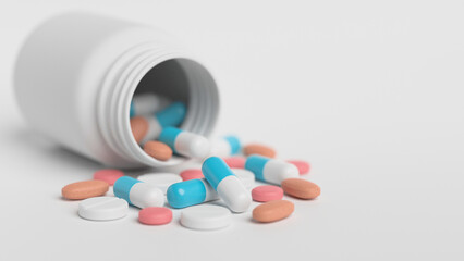 Medicine pharmacy pharmaceutical drugstore healthcare medical tablet pills medical tabs capsules concept. 3d rendering.