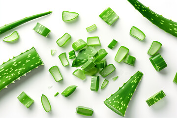 Fresh slices and leaves of aloe vera on white background, top view