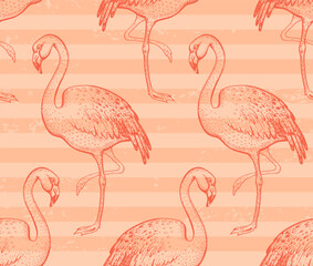 Peach fuzz flamingo seamless pattern. 2024 peach fuzz trendy background. Flamingo feather tropic color pattern. Seamless abstract 2024 year color art. Watercolor spring summer fashion bird design
