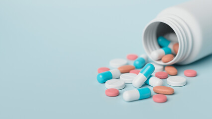 Medicine pharmacy pharmaceutical drugstore healthcare medical tablet pills medical tabs capsules concept. 3d rendering.
