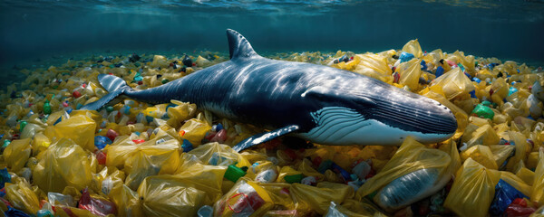 une baleine posée au fond de la mer sur des déchets plastiques -generative AI